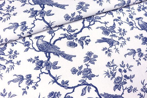 Reine verstärkte Baumwolle mit detailreichem Motiv im nostalgischen Gewand Ds3379 Dekostoff Toile De Jouy Voegel S4 Dekostoffe NEU  Renforcé-Baumwolle - Toile de Jouy Birds - 280 cmDekostoff mit Toile de Jouy Motiv