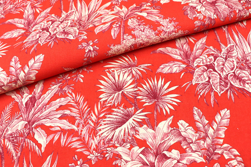 Knalliger Dekostoff aus reiner Baumwolle im Toile-de-Jouy-Stil für aparte Kreationen, die alle Blicke auf sich ziehen! Ds4096 Dekostoff Tropisch Toile De Jouy Rot S4 Toile de Jouy Dekostoff Premium - Exotic ToileDekostoff mit Toile de Jouy Motiv