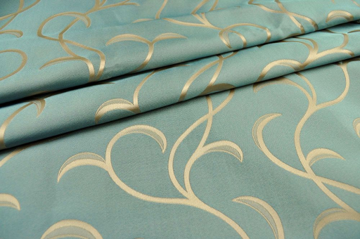 Absolut edler Dekostoff mit elegantem Ranken-Design, beidseitig verwendbar Ds5866 Dekostoff Ranken Rueck Taschenstoffe Dekostoff Jacquard - Edel-Ranken - Petrol/GoldRankenmuster auf grünem Jacquard-Dekostoff
