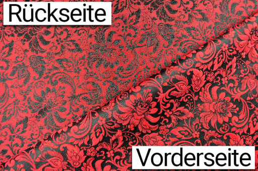 Detailverliebtes Blüten-Design auf kontrastreichem Jacquard-Stoff  Ds5934 Dekostoff Jacquard Blueten Rot Rueckseite(1) Dekostoffe Blumen Floralia - Blüten-Jacquard zweiseitig - Rot/SchwarzDeko-Jacquard mit barockem Blüten-Muster in Rot/Schwarz