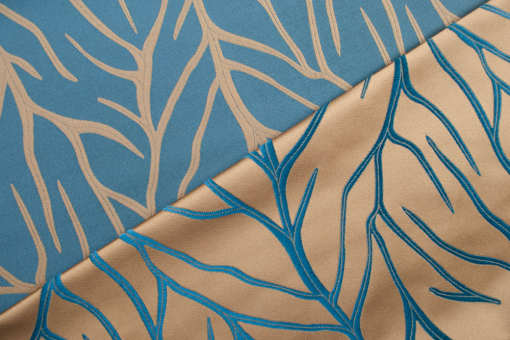Leicht glänzender Jacquard-Stoff, in schöner Farbkombination mit zeitlosem Motiv  Ds5941 Jacquard Ranken Beidseitig Übergardinen Blue Leafs - Dekostoff JacquardToller zweiseitiger Jacquard-Stoff mit Ranken-Muster