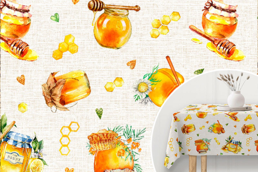 Beschichtete, fleckabweisende Meterware mit einem wunderhübschen Design, das einem das Wasser im Mund zusammenlaufen lässt! Ds6092 Deko Outdoorstoff Bienen Honig Dekostoffe sonstige Deko-Outdoorstoff - HonigzeitDekostoff mit Honig-Motiv