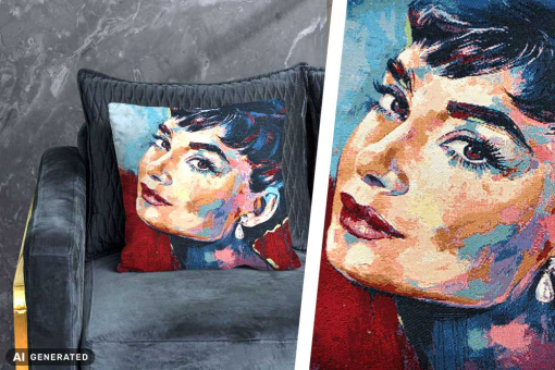Hochwertiger, schwerer Gobelin mit absolut edlem, elegantem Motiv im Retrostil Ds6101 Deko Panel Audrey 1(1) Gobelin Kissenpanel Gobelin-Panel - Audry - 47 x 47 cmGobelin-Panelstoff mit Kult-Star-Motiv