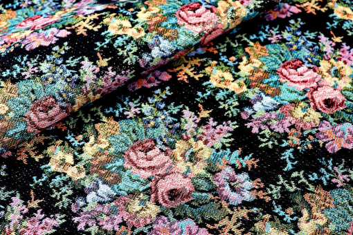 Aufwändig gewebter Gobelin mit eindrucksvollem Rosen-Motiv und leichtem Schimmer dank eingearbeiteter Metallfäden Ds6303 Gobelin Glaenzend Blumen S4 Dekostoffe Rosen Gobelin Goldglitzer - Nacht der RosenSchwarzer Gobelin mit eingewebtem Rosenmuster und Glitzereffekt