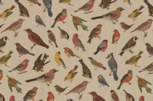 Sie haben ja wohl nicht nur einen Vogel, wenn Sie hier zugreifen! Buntes Tiermotiv auf wunderschöner, rustikaler Grundware! Ds6366 Dekostoff Leinenoptik Voegel Dekostoffe NEU  Dekostoff Leinenoptik - VogelscharDekostoff mit buntem Vogelmotiv