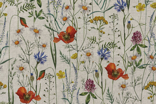 Digital bedruckter Stoff in Leinenoptik mit einer bunten Farbexplosion an Blumen und Pflanzen Ds6367 Dekostoff Leinenoptik Blumen Dekostoffe Pflanzen Dekostoff Leinenoptik - Wunderschöne WieseDekostoff mit buntem Blumenmotiv