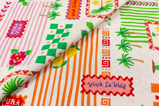 Dekostoff in hochwertiger Leinenoptik mit farbenfrohem Mittelmeer-Design aus Zitronen, Palmen, Kakteen und grafischen Mustern Ds6388 Dekostoff Vivalavida S4y Taschenstoffe Dekostoff Premium - Viva la VidaDekostoff bunt und sommerlich