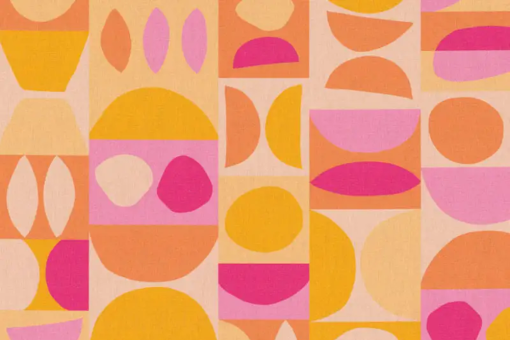 Moderner Dekostoff mit grafischen Formen in sonnigen Pink-, Apricot- und Gelbtönen im angesagten Mid-Century-Stil. Ds6390 Dekostoff Digital-Drucke Dekostoff Digitaldruck - Retro ShapesDekostoff bunte formen