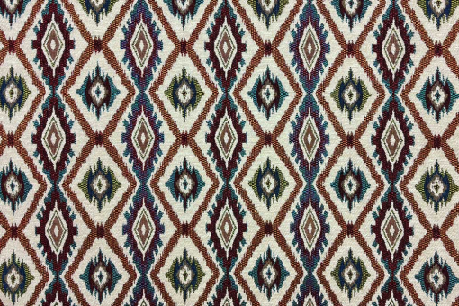 Hochwertiger Chenille-Gobelin mit farbenfrohem Ethno-Rautenmuster. Ideal für Polster, Kissen, Taschen und Dekorationen. Ds6392 Gobelin Boho Rauten Gobelin NEU Chenille Gobelin - Boho DiamondsChenille Gobelin Stoff mit geometischen Muster