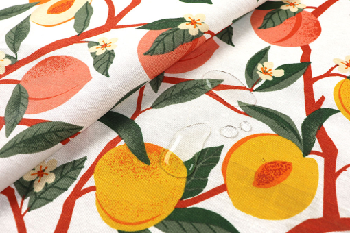 Sommerlich, fruchtig, frisch und wasserabweisend - ein Dekostoff der Extraklasse! Ds6398 Outdoor Dekostoff Pfirsich S4 Dekostoffe Obst/Gemüse Outdoor-Dekostoff - PeachyDekostoff mit Pfirsichen