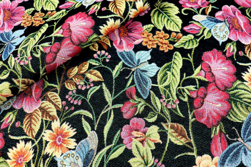 Prächtige Farben, detailreiches Design, hochwertiger Materialmix - ein absoluter Premium-Dekostoff! Ds6401 Gobelin Garten Schwarz S4y Gobelin Blumen Gobelin - Garden VintageGobelin mit Blumenmotiv