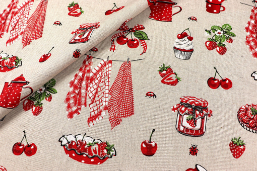 Zwischen Kirschen, Erdbeeren und Cupcakes sagt Ihnen sogar ein Marienkäfer Hallo - dieser Dekostoff ist Cosy Feeling pur! Ds6403 Dekostoff Leinenoptik Rote Fruechte S4 Dekostoffe Kaffee/Küche Dekostoff Leinenoptik - Rote FrüchteDekostoff mit Früchten
