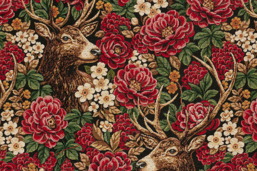 Gemütlicher Landhaus-Charme auf schwerem, edlen Gobelin - floral und tierisch gut! Ds6419 Gobelin Hirsch Blumen Gobelin Blumen Gobelin - Blüten und HirscheGobelinstoff mit Landhausmuster