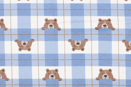 Weicher Flanell aus reiner Baumwolle mit niedlichen Bärchen auf hellblauen Karos Flanell Baeren Karo Baumwolle Kinder Baumwoll-Flanell - BärchenWeicher Flanell mit Karo- und Bärchen-Motiv