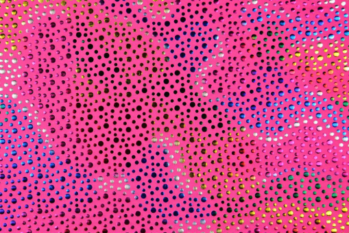 Stretchiger Folienjersey mit knallbuntem Motiv - ein Eye-Catcher für Kostüme, Tanzsport und vieles mehr! Fn1250 Folienjersey Rainbow Dots Pink Tanzsport Stoffe Tanzkleiderstoff Hologramm - Rainbow Dots - PinkTanzkleiderstoff mit glänzenden Punkten