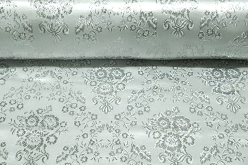 Glänzende Meterware mit traumhaftem floralen Muster - perfekt für Kostüme, effektvolle Dekorationen und mehr Fn1259 Brokat Blumen Silber Festliche Stoffe Brokat - FlorindiaSilberfarbener Brokatstoff