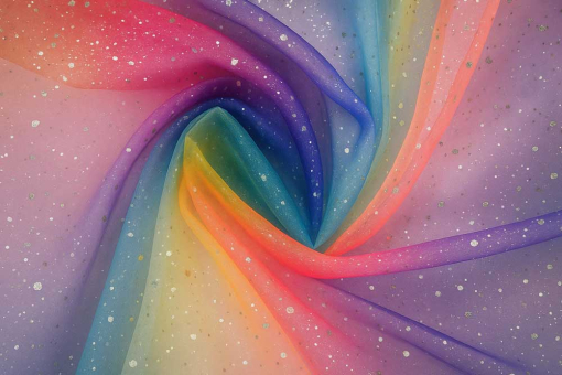 Schillernder Regenbogenzauber mit Glitzer – ein Hingucker für Deko, Kostüme und kreative Nähprojekte! Fn1287 Organza Glitzerregenbogen Festliche Stoffe Organza - Glitzer RegenbogenOrganza Regenbogen Glitzer