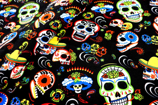 Buntes Gewebe, ein echter Allrounder für Kostüme, Dekorationen und vieles mehr Fn1315 Universalstoff Totenkoepfe Schwarz S4 Kostümstoffe Universalstoff - Dia de los MuertosUniversalstoff mit Mexiko-Muster