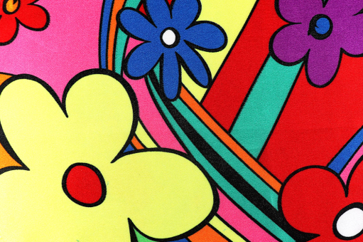 Satin mit schönem Glanz und einem fröhlich-knalligen Muster! Fn1322 Satin Blumen Fasnacht Stoffe bunt Satin - Rainbow FlowersSatin mit Blumen