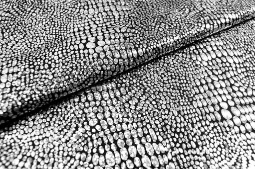 Glanzgarantie! Dieser elastische Folienstoff wird jeden Betrachter in seinen Bann ziehen Fn3156 Folienstoff Reptil Silber Effektstoffe Folienstoff Stretch - Reptil - SilberGlänzender Folienstoff in Silber