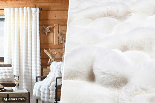 Weiches Fellimitat in edlem Creme – kuschelig, wärmend und vielseitig für Deko, Accessoires und Mode. Fp1144 Fellimitat Creme Anwendungsbeispiel Vorhang Fellstoffe Pelzimitat - Nebraska - CremeFellimitat Creme