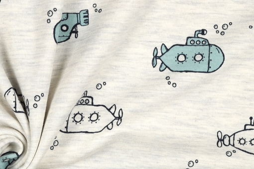 Mit diesem Jersey tauchen Sie in die Unterwasserwelt ab! Jersey Uboot Kinderstoffe Jersey Melange - SubmarineHeller Jersey bedruckt mit U-Booten