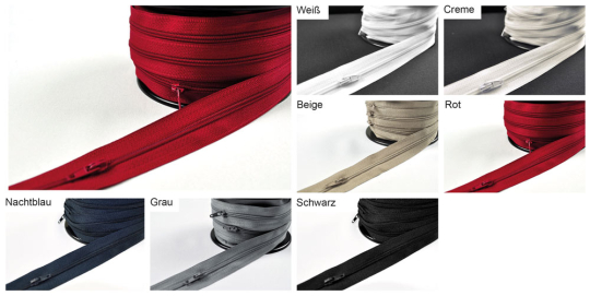 Kunststoff-Reißverschluss in 2,5 cm Breite mit Metallzipper ca. alle 50 cm Ku5021 Farbtafel Endlosreissverschluss S4 Kunststoff Endlos-Reißverschluss - KunststoffFarbtafel mit sieben Farbvarianten für den Endlosreißverschluss