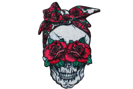 Freche Applikation mit den Maßen 5 x 9 cm  Kua0240 Applikation Fancy Totenkopf Applikationen Applikation - Totenkopf mit RosenTotenkopf-Applikation mit Rosen
