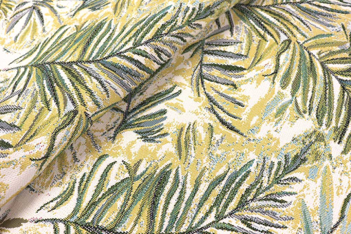 Strahlende Tropenstimmung für drinnen & draußen – robust, pflegeleicht und umweltschonend produziert. Ms5183 Gobelin Tropen Blaetter S4 Dekostoffe Jacquard Outdoor-Gobelin Bio - CapriJacquard Dekostoff Blätter gelb grün