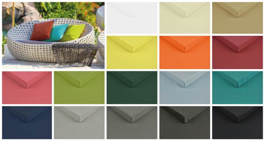 Tolle Outdoor-Ware in hübscher Farbauswahl - mit vielen tollen Eigenschaften - ideal für Outdoor-Möbel und mehr! Om5146 Farbtafel Outdoorstoff Santorini Uni  Outdoorstoff - SantoriniFarbtafel für den Outdoorstoff in vielen bunten Farben