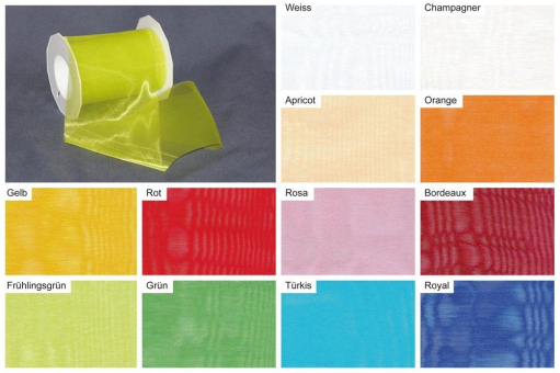 25 Meter feinstes Organza - auf Rolle geliefert - viele verschiedene Farben stehen zur Auswahl Organza112 Mit Z1 Top-Seller Organzaband 112 mm - 25 m Rolle