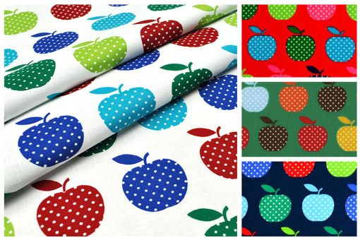 Bunt, gesund, sommerlich - fröhliches Apfel-Motiv auf reiner Baumwolle Pw1024 Baumwollstoff Aepfel S4 Patchworkstoffe Meterware Baumwoll Stoff - gepunktete Äpfel