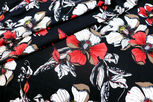 Floral gemusterter Jersey aus Viskose und Elasthan Sp155235 Frank Walder Viskosejersey - Hibiskus Dark