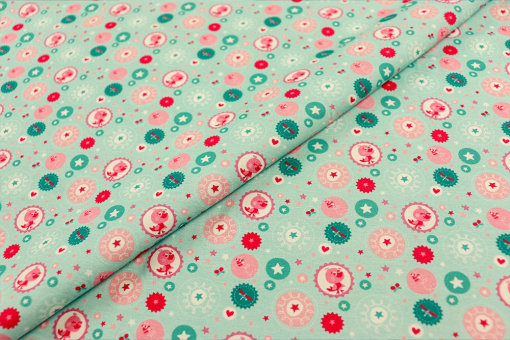 Mintfarbener Jersey mit fröhlichen Vögelchen, Herzen und Sternen – weich, elastisch und perfekt für Kinderkleidung. Sp165037 Jersey Sweettweeet S4y Sale Jersey - Sweet TweetJersey Stoff mit Kükenmuster