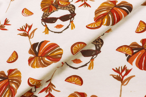 Exotisches Design mit Gesichtern, Palmenblättern und Zitrusfrüchten in leuchtenden Farben – sommerlich und trendy Sp165095 Jersey Tropic Orange S4y(1) Sale Jersey - Tropic - OrangeJersey mit Frau und Blättern