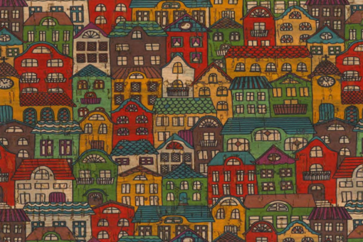Tolle Kork-Meterware mit buntem Druck - für außergewöhnliche Akzente! Tg1219 Kork Haueser Dekostoffe City Kork-Stoff - Bunte HäuschenKunterbunte Häuschen auf Korkstoff