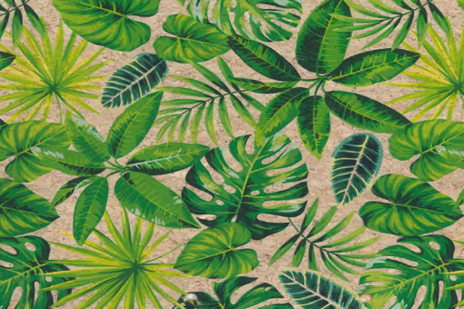 Tolle Kork-Meterware mit exotischem Digitaldruck - da ist Urlaubsfeeling vorprogrammiert! Tg1220 Kork Exotic Taschenstoffe Kork-Stoff Digitalprint - ExoticGrünes Blättermotiv auf naturfarbigem Korkstoff