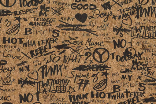 Coole Kork-Meterware mit Schriftzügen und Kritzeleien - ideal für alle, die jung geblieben sind! Tg1221 Kork Youth Dekostoffe City Kork-Stoff - DoodlesCoole Schriftzüge im Graffity-Stil auf Korkstoff