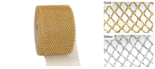 Breites Tüllband, das durch den Metallic-Look perfekt für glänzende Dekorationen geeignet ist Tuellband 72mm S4y Mit Z1 Gold- / Silberbänder Tüllband Metallic - 72 mm - 20 m-Rolle