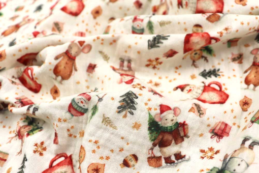 Dieser weihnachtliche Musselin lädt zum Heiße-Schoki-Trinken mit winterlichen Mäusen ein. Wn5371 Musselin Weihnachten Maeuse Baumwolle sonstige Weihnachts-Musselin - Winterliche MäuseWinterlicher Musselin