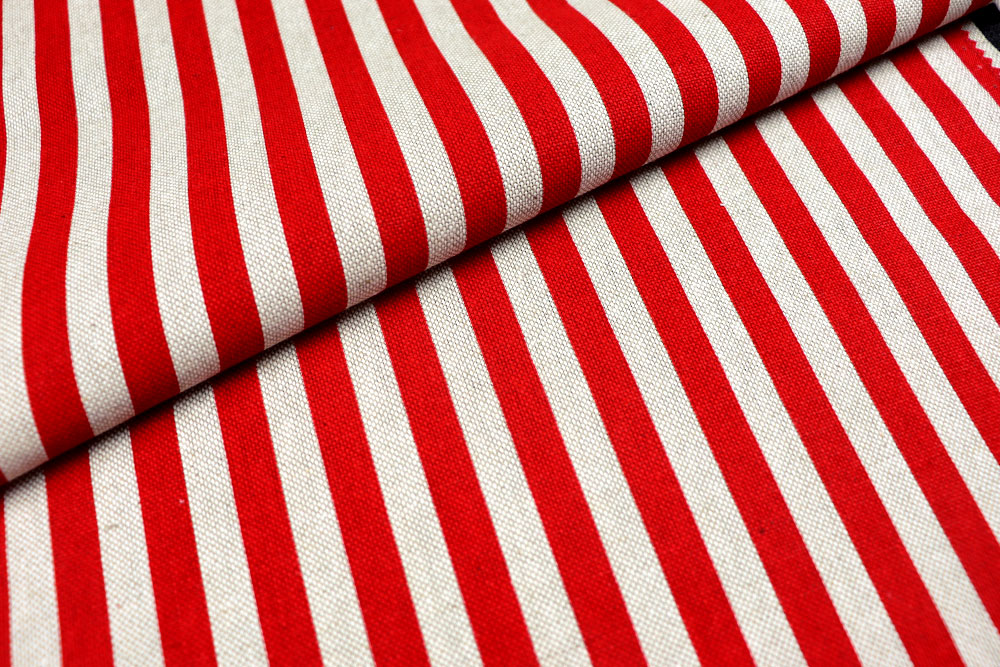 Dekostoff Leinenoptik - Streifen - Natur/Rot 