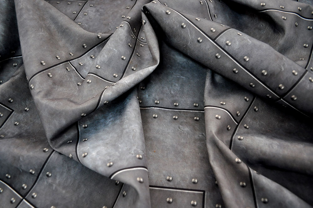 Polyester-Gewebe mit coolem Metallplatten-Print 104163 Dekostoff Metallwand Dekostoffe City Steampunk-Dekostoff - Patched Metal