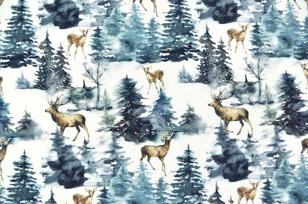Robuster Canvas mit stimmungsvoll-winterlichem Motiv Baumwoll Dekostoff Digital Weihnachten Hirsche Wald Blau S4 Weihnachten Tiere Baumwoll-Dekostoff Digital - Hirsch im Wald - Winterblau