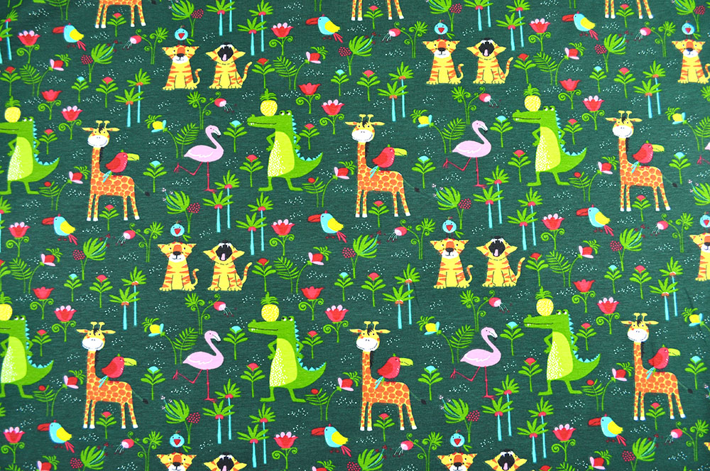 Im Dschungel wird wild gespielt! Dieser niedliche Jersey bringt nicht nur Kinderaugen zum Leuchten Bk6371 Jersey Baby Tiere Dschungel Kinder Jungle Playtime - Jersey-Stoff