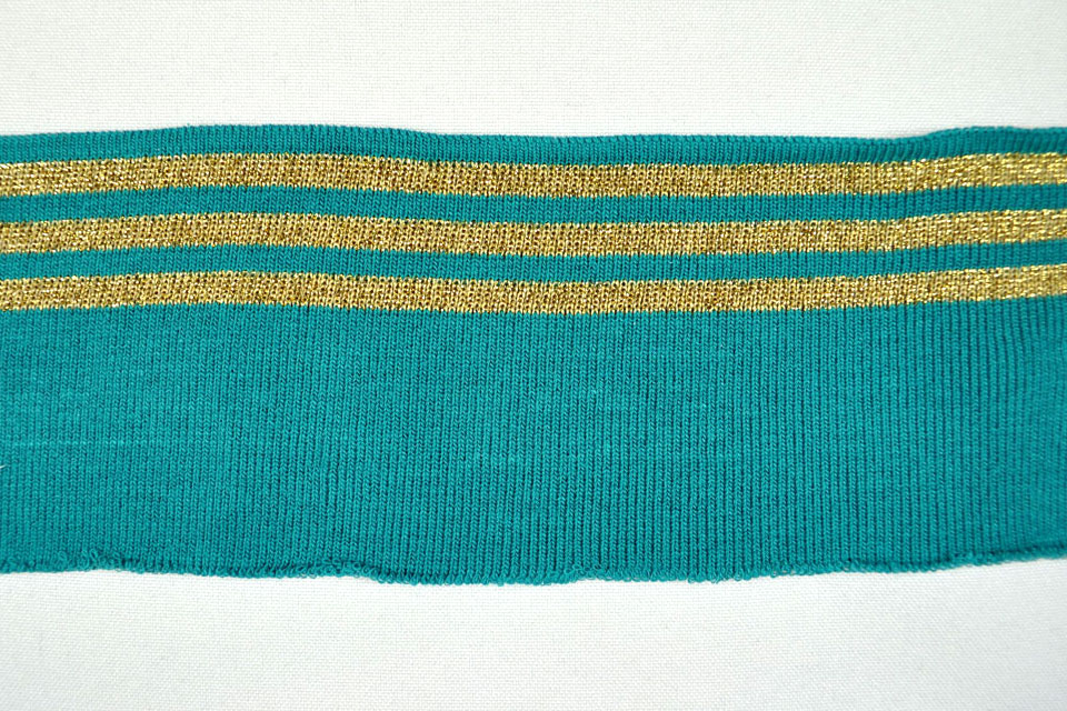 Goldene Lurex-Streifen auf petrolfarbenem, 135 cm langem Fertigbündchen  Bk6661 Aermelbuendchen Dunkelmint Gold Elastikstoffe Bündchen - Golden Chic - Petrol