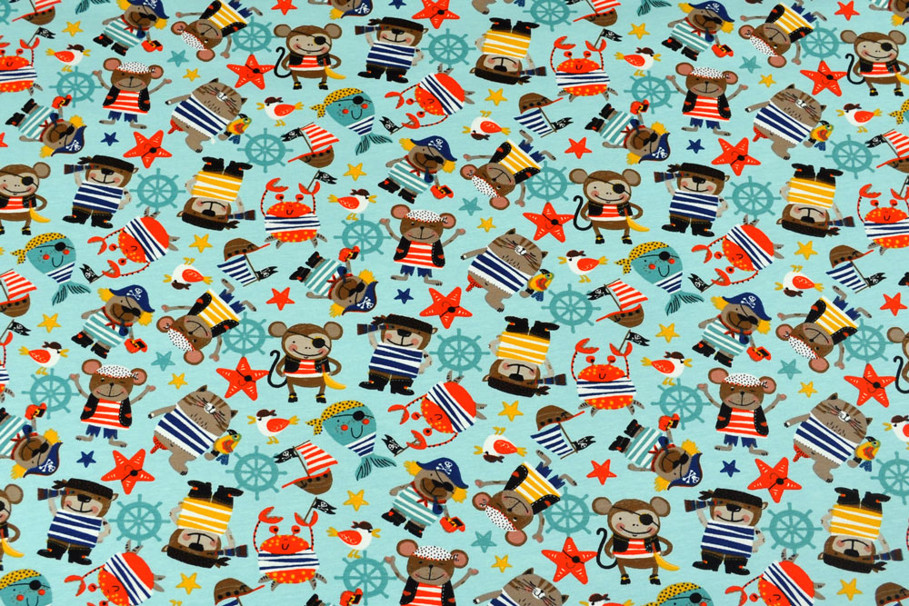 Hübscher Jerseystoff mit Piratenmotiv für echte Abenteurer - ideal für allerlei Einsatzzwecke geeignet!  Bk7078 Jersey Piraten S4y Kinderstoffe Jersey - Tierische Seefahrer