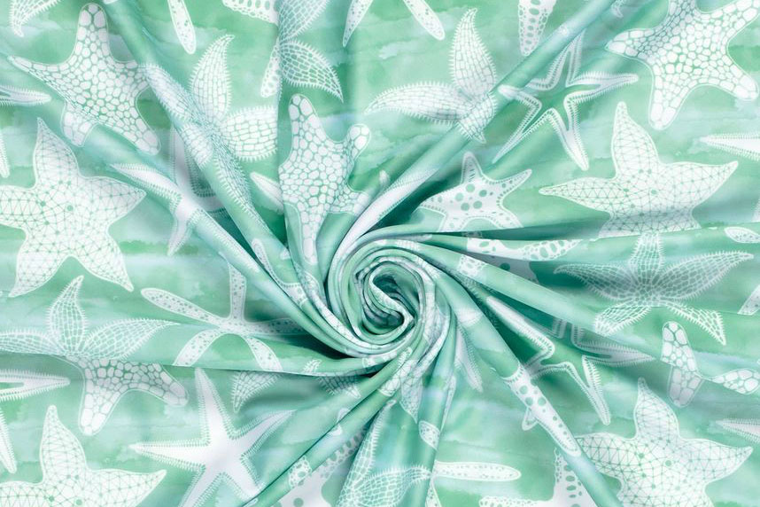 Digital bedruckter Badeanzugstoff im maritimen Stil, super stretchig, schützt vor UV-Strahlen! Bk7504 Badeanzugstoff Seesterne S4y Recycling-Stoffe Badeanzugstoff Recycling - Seesterne