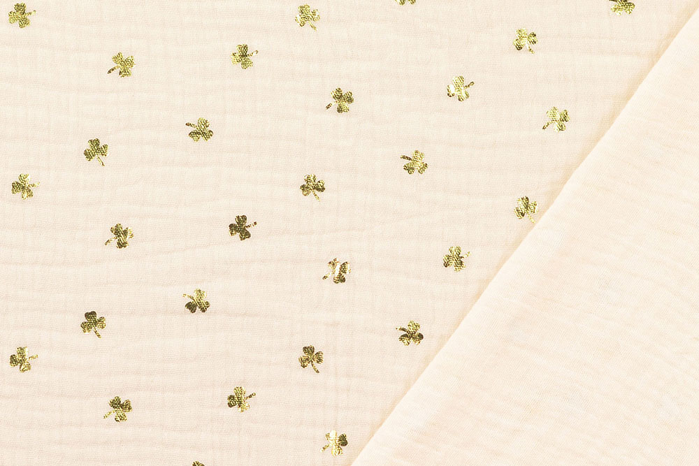 Weicher Baumwoll-Musselin mit glänzendem Folienprint - für luftige Kreationen! Bk7602 Musselin Kleeblatt Creme Kinderstoffe Musselin-Stoff - Kleeblatt - Creme