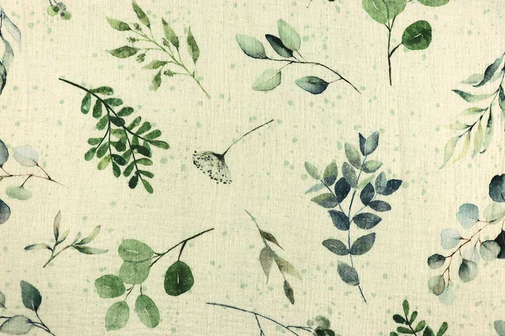 Digital bedruckter Musselin aus reiner, superweicher Baumwolle Bk7606 Musselin Eukalyptus S4(1) Baumwolle Blumen Musselin Digital - Eukalyptus-Aquarell