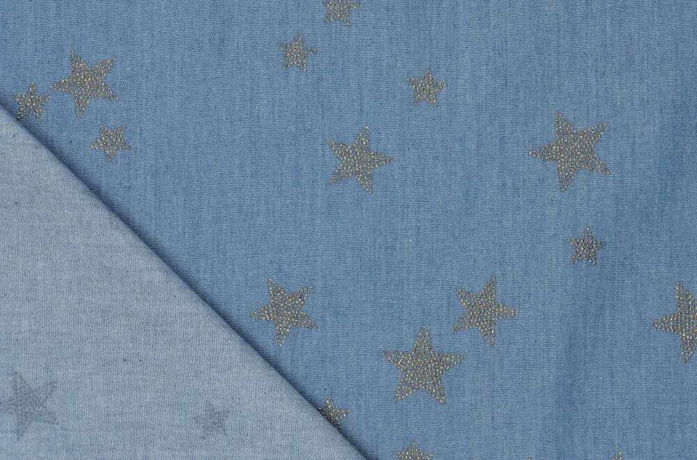 Funkelnde Sterne auf leichtem Jeans-Gewebe für Hemden, Blusen und mehr Bk7623 Baumwolledenimsterne(2) Glitzer + Pailletten Jeansstoff - Glitzer-Sterne